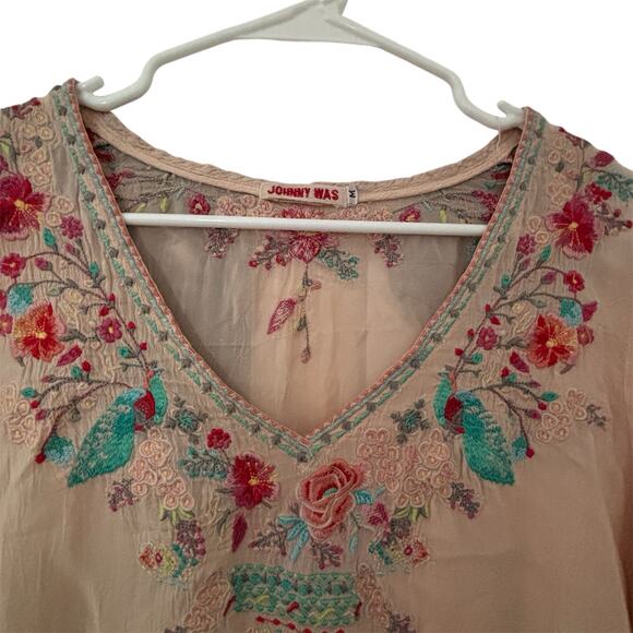 Johnny Was Embroidered Boho Tunic Top Medium Peach Floral Bird Cupra Rayon - Picture 9 of 11